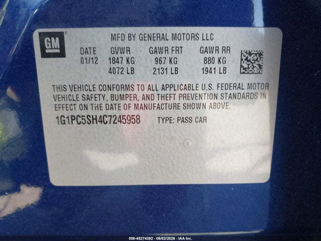 Продажа на аукционе авто 2012 Chevrolet Cruze Ls, vin: 1G1PC5SH4C7245958, номер лота: 45274392