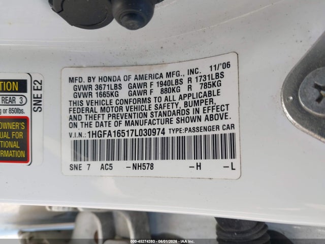 Aukcja sprzedaży 2007 Honda Civic Lx, vin: 1HGFA16517L030974, numer aukcji: 45274393