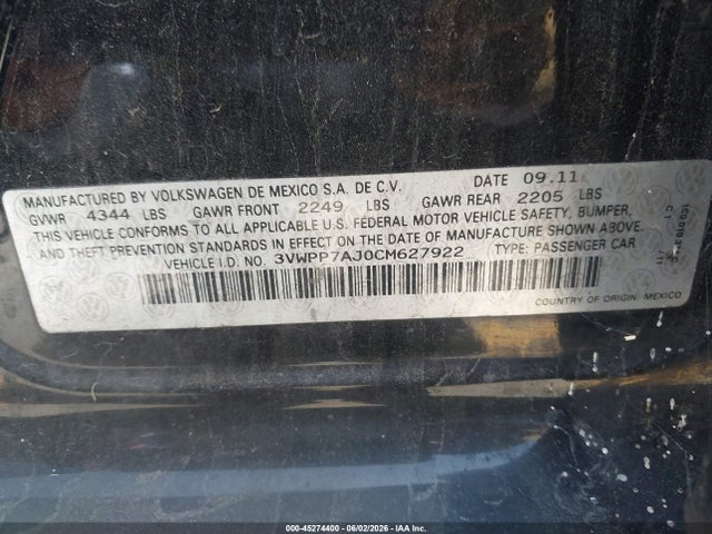 Aukcja sprzedaży 2012 Volkswagen Jetta Sportwagen 2.5l Se, vin: 3VWPP7AJ0CM627922, numer aukcji: 45274400