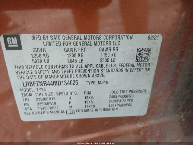 Продаж на аукціоні авто 2021 Buick Envision Fwd Essence, vin: LRBFZNR44MD134025, номер лоту: 45274411
