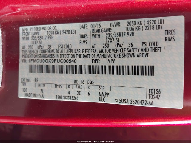 1FMCU0GX9FUC00540 Ford ESCAPE SE