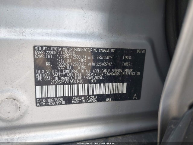 2T3R6RFV7LW001496 Toyota Rav4 Hybrid Xle