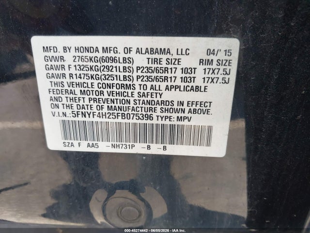 Продажа на аукционе авто 2015 Honda Pilot Lx, vin: 5FNYF4H25FB075396, номер лота: 45274442