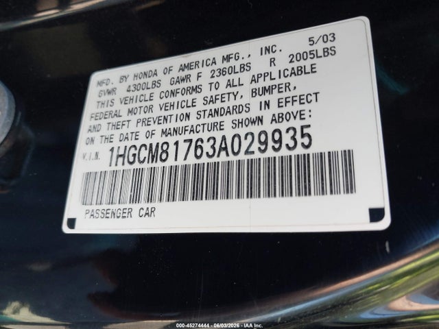 Aukcja sprzedaży 2003 Honda Accord 3.0 Ex, vin: 1HGCM81763A029935, numer aukcji: 45274444