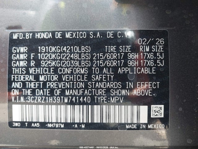 3CZRZ1H39TM741440 Honda Hr-v 2wd Lx