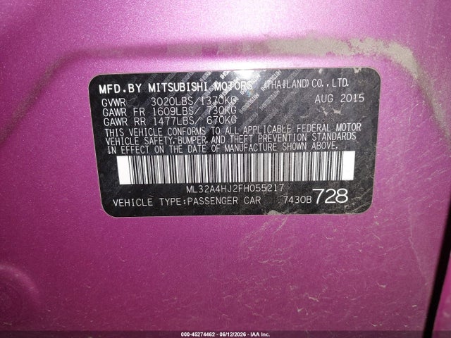 Aukcja sprzedaży 2015 Mitsubishi Mirage Es, vin: ML32A4HJ2FH055217, numer aukcji: 45274462