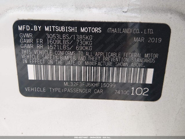 Продаж на аукціоні авто 2019 Mitsubishi Mirage G4 Es, vin: ML32F3FJ6KHF15099, номер лоту: 45274467