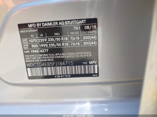 Aukcja sprzedaży 2015 Mercedes-benz Gla 250, vin: WDCTG4EB5FJ184715, numer aukcji: 45274477