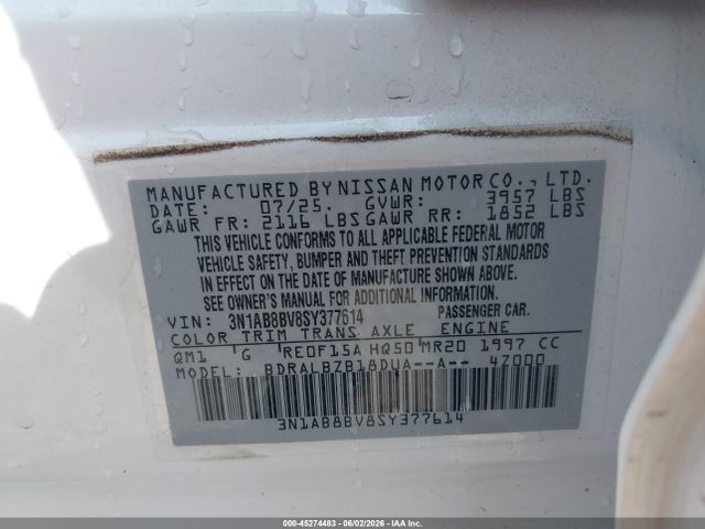 2025 Nissan Sentra S მანქანა იყიდება აუქციონზე, vin: 3N1AB8BV8SY377614, აუქციონის ნომერი: 45274483