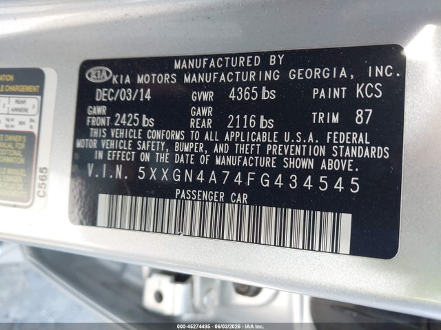 Aukcja sprzedaży 2015 Kia Optima Ex, vin: 5XXGN4A74FG434545, numer aukcji: 45274485