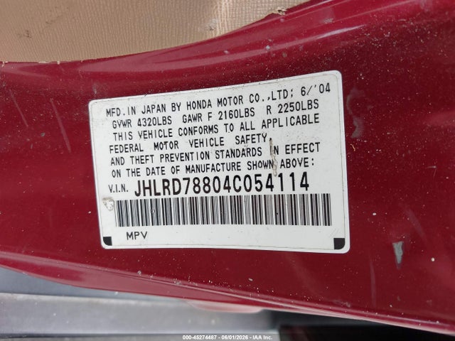 Продажа на аукционе авто 2004 Honda Cr-v Ex, vin: JHLRD78804C054114, номер лота: 45274487