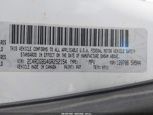 Продажа на аукционе авто 2016 Dodge Grand Caravan Se, vin: 2C4RDGBG4GR252154, номер лота: 45274492