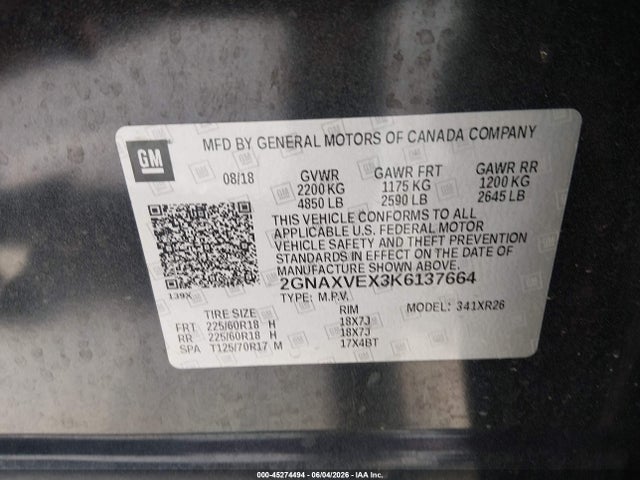 Aukcja sprzedaży 2019 Chevrolet Equinox Lt, vin: 2GNAXVEX3K6137664, numer aukcji: 45274494