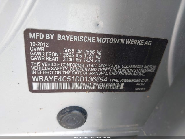 45274500 :رقم المزاد ، WBAYE4C51DD136894 vin ، 2013 Bmw 740li مزاد بيع
