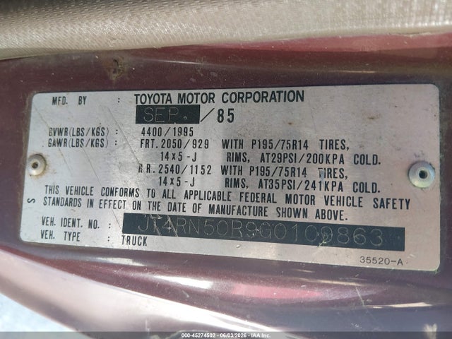 Продажа на аукционе авто 1986 Toyota Pickup 1/2 Ton Rn50, vin: JT4RN50R9G0109863, номер лота: 45274502