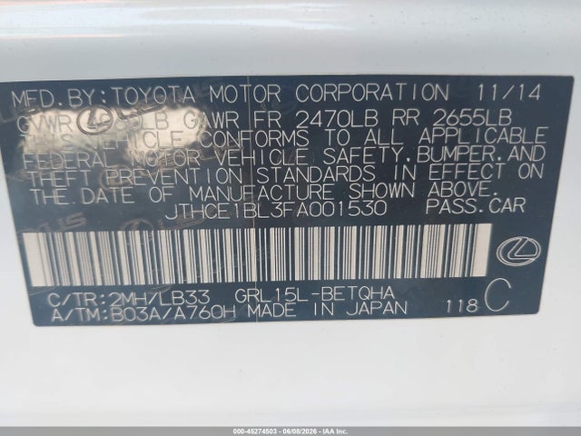 Aukcja sprzedaży 2015 Lexus Gs 350 Crafted Line, vin: JTHCE1BL3FA001530, numer aukcji: 45274503
