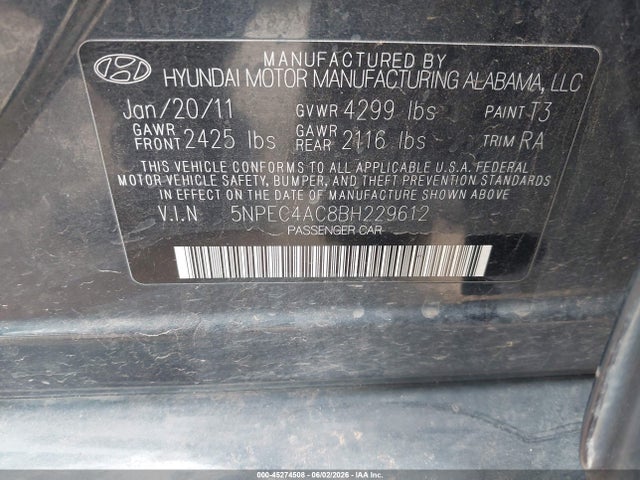 2011 Hyundai Sonata Se მანქანა იყიდება აუქციონზე, vin: 5NPEC4AC8BH229612, აუქციონის ნომერი: 45274508