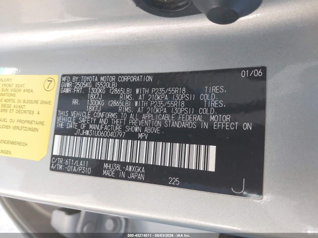 2006 Lexus Rx 400h მანქანა იყიდება აუქციონზე, vin: JTJHW31U060040797, აუქციონის ნომერი: 45274511