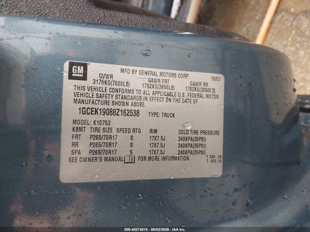 Aukcja sprzedaży 2008 Chevrolet Silverado 1500 Lt1, vin: 1GCEK19088Z162538, numer aukcji: 45274518