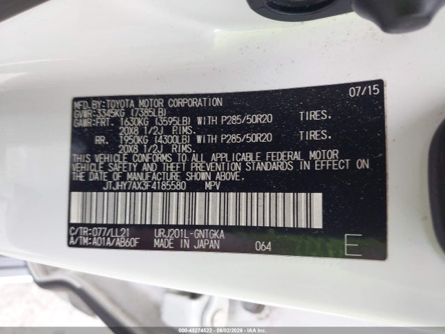 Aukcja sprzedaży 2015 Lexus Lx 570, vin: JTJHY7AX3F4185580, numer aukcji: 45274522