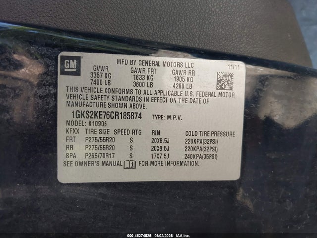 Aukcja sprzedaży 2012 Gmc Yukon Xl 1500 Slt, vin: 1GKS2KE76CR185874, numer aukcji: 45274525