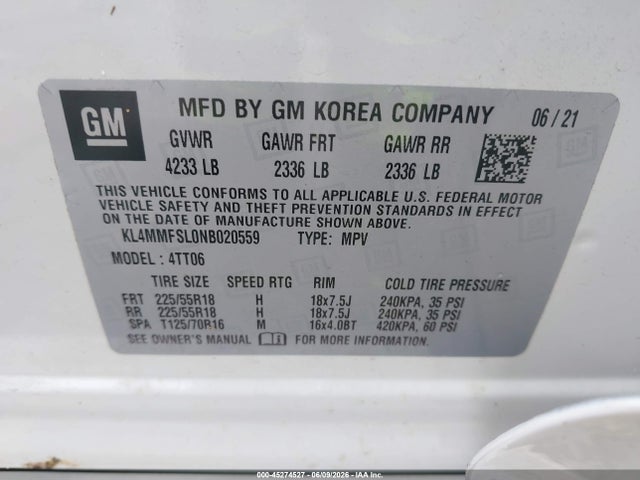 45274527 :رقم المزاد ، KL4MMFSL0NB020559 vin ، 2022 Buick Encore Gx Fwd Essence مزاد بيع