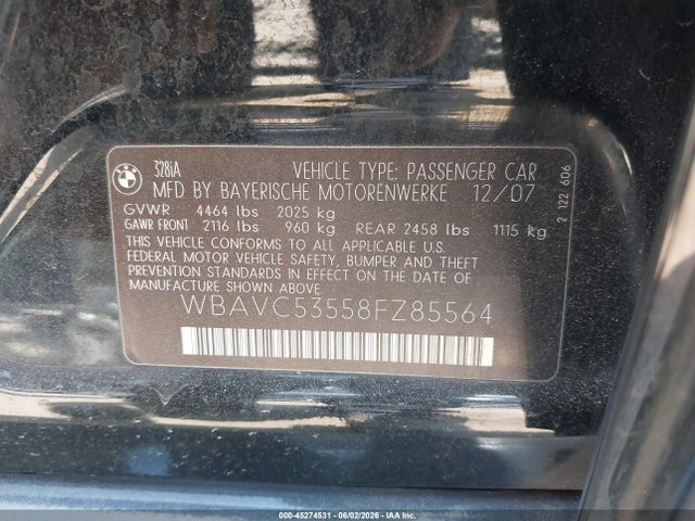 45274531 :رقم المزاد ، WBAVC53558FZ85564 vin ، 2008 Bmw 328i مزاد بيع