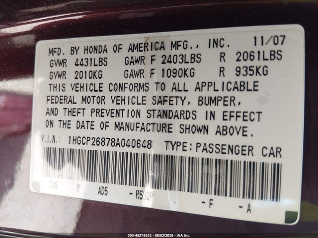 45274533 :رقم المزاد ، 1HGCP26878A040648 vin ، 2008 Honda Accord 2.4 Ex-l مزاد بيع