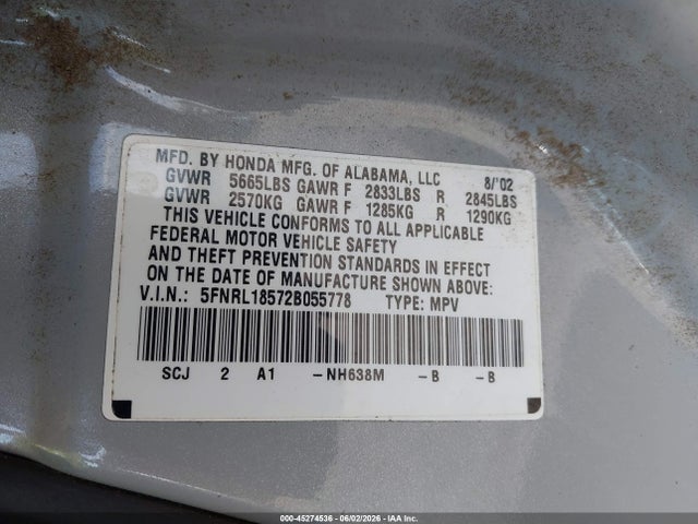45274536 :رقم المزاد ، 5FNRL18572B055778 vin ، 2002 Honda Odyssey Lx مزاد بيع