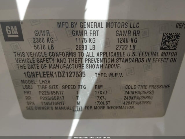 45274540 :رقم المزاد ، 1GNFLEEK1DZ127535 vin ، 2013 Chevrolet Equinox 1lt مزاد بيع