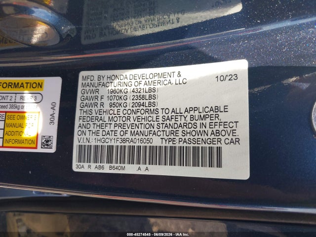 Aukcja sprzedaży 2024 Honda Accord Ex, vin: 1HGCY1F38RA016050, numer aukcji: 45274545