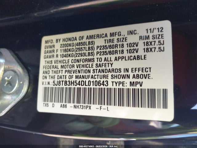 2013 Acura Rdx მანქანა იყიდება აუქციონზე, vin: 5J8TB3H54DL010643, აუქციონის ნომერი: 45274563