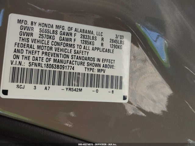 Aukcja sprzedaży 2003 Honda Odyssey Ex-l, vin: 5FNRL18063B091774, numer aukcji: 45274570