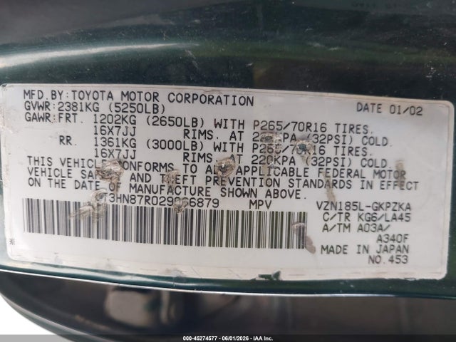 45274577 :رقم المزاد ، JT3HN87R029066879 vin ، 2002 Toyota 4runner Limited V6 مزاد بيع