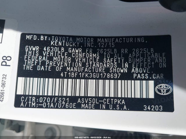 Toyota CAMRY SE 2016 4T1BF1FK3GU178697 Image 9