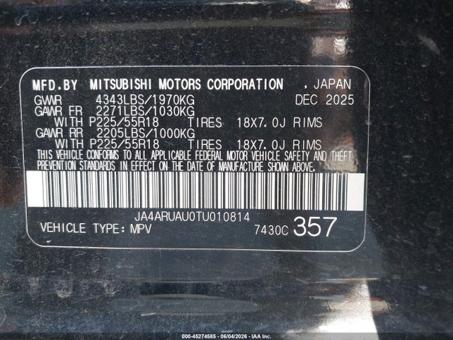 Продаж на аукціоні авто 2026 Mitsubishi Outlander Sport 2.0 Es/2.0 Le/2.0 Ralliart/2.0 S/2.0 Se/2.0 Trail Edition, vin: JA4ARUAU0TU010814, номер лоту: 45274585