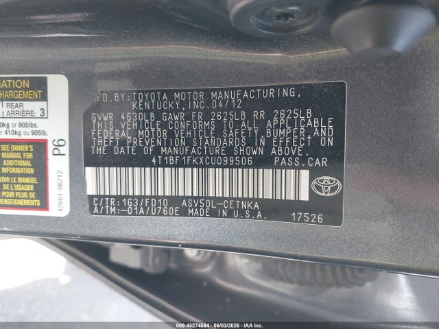 Aukcja sprzedaży 2012 Toyota Camry Le, vin: 4T1BF1FKXCU099506, numer aukcji: 45274594