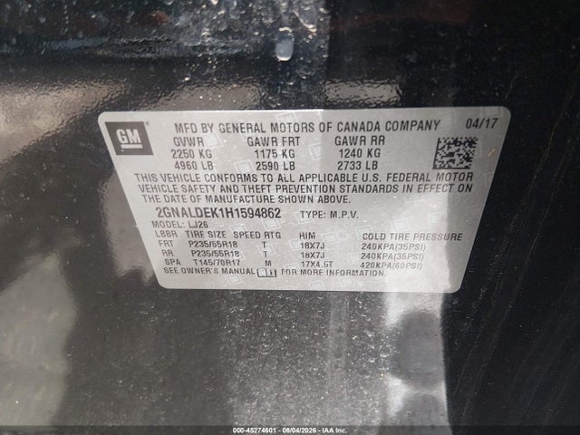 Продаж на аукціоні авто 2017 Chevrolet Equinox Premier, vin: 2GNALDEK1H1594862, номер лоту: 45274601