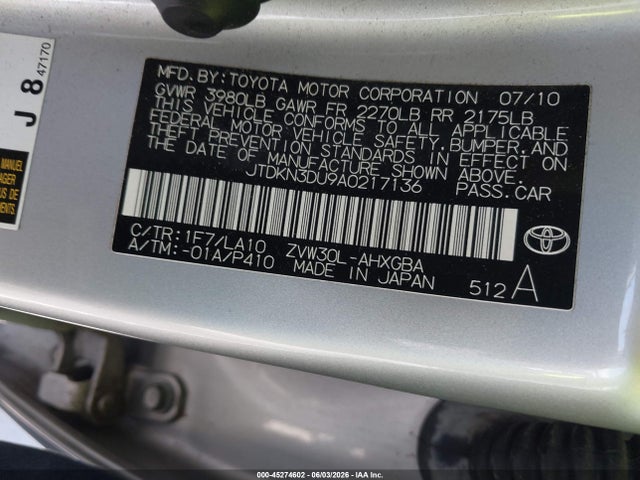 45274602 :رقم المزاد ، JTDKN3DU9A0217136 vin ، 2010 Toyota Prius Iv مزاد بيع