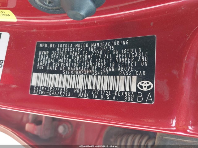 Aukcja sprzedaży 2015 Toyota Corolla Le, vin: 5YFBURHE4FP354457, numer aukcji: 45274609