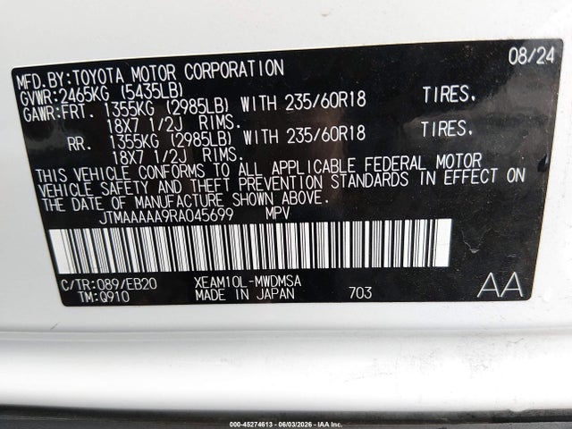 Продаж на аукціоні авто 2024 Toyota Bz4x Xle, vin: JTMAAAAA9RA045699, номер лоту: 45274613