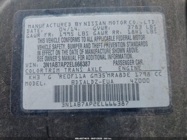 45274615 :رقم المزاد ، 3N1AB7AP2EL666387 vin ، 2014 Nissan Sentra Fe+ S/fe+ Sv/s/sl/sr/sv مزاد بيع