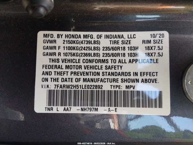 Aukcja sprzedaży 2020 Honda Cr-v Awd Ex, vin: 7FARW2H51LE022892, numer aukcji: 45274616