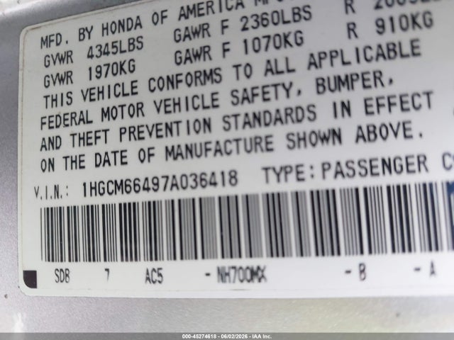 2007 Honda Accord 3.0 Se მანქანა იყიდება აუქციონზე, vin: 1HGCM66497A036418, აუქციონის ნომერი: 45274618