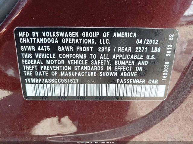 2012 Volkswagen Passat 2.5l Se მანქანა იყიდება აუქციონზე, vin: 1VWBP7A36CC081527, აუქციონის ნომერი: 45274619
