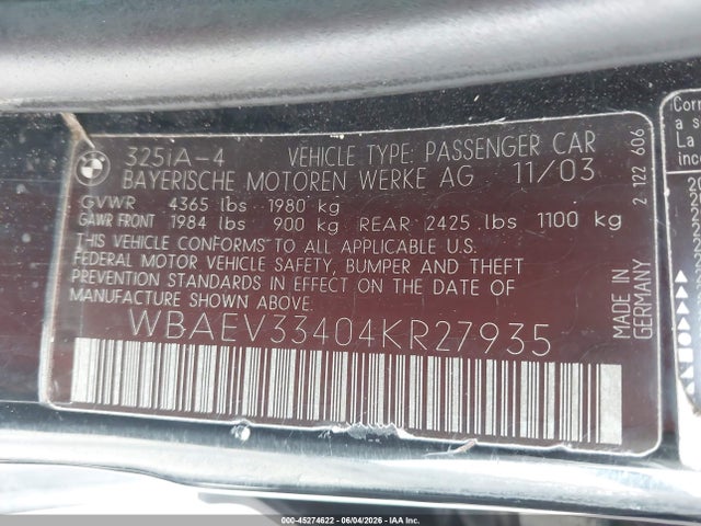 45274622 :رقم المزاد ، WBAEV33404KR27935 vin ، 2004 Bmw 325i مزاد بيع