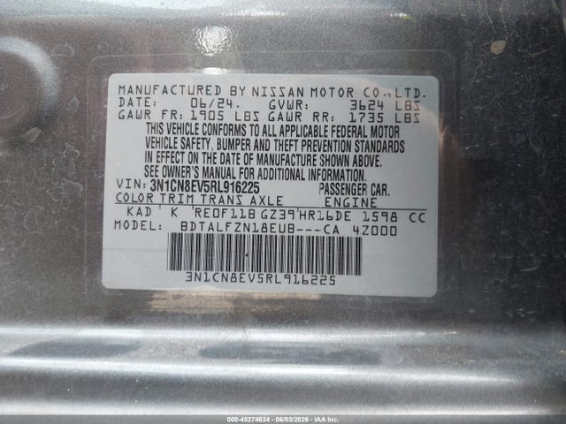 Aukcja sprzedaży 2024 Nissan Versa 1.6 Sv, vin: 3N1CN8EV5RL916225, numer aukcji: 45274634