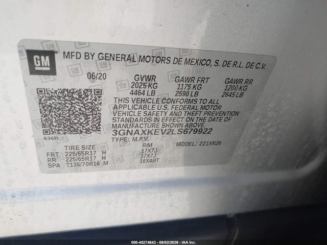 3GNAXKEV2LS679922 Chevrolet Equinox Fwd Lt 1.5l Turbo