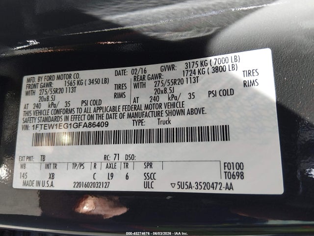 45274676 :رقم المزاد ، 1FTEW1EG1GFA86409 vin ، 2016 Ford F-150 Xlt مزاد بيع