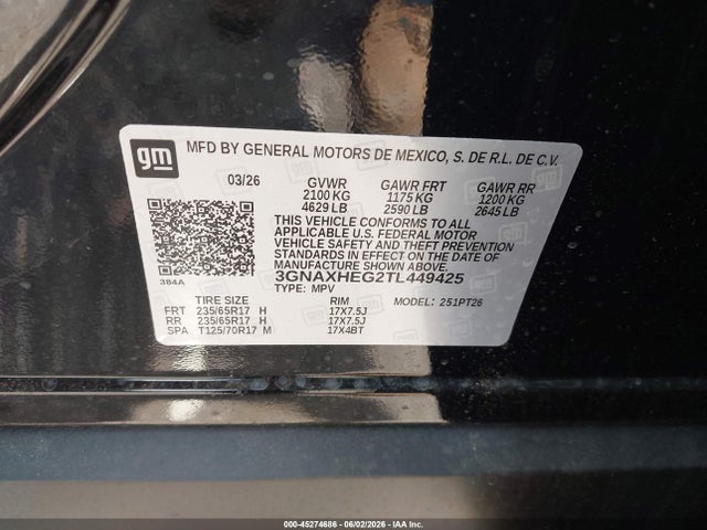 2026 Chevrolet Equinox Fwd Lt მანქანა იყიდება აუქციონზე, vin: 3GNAXHEG2TL449425, აუქციონის ნომერი: 45274686